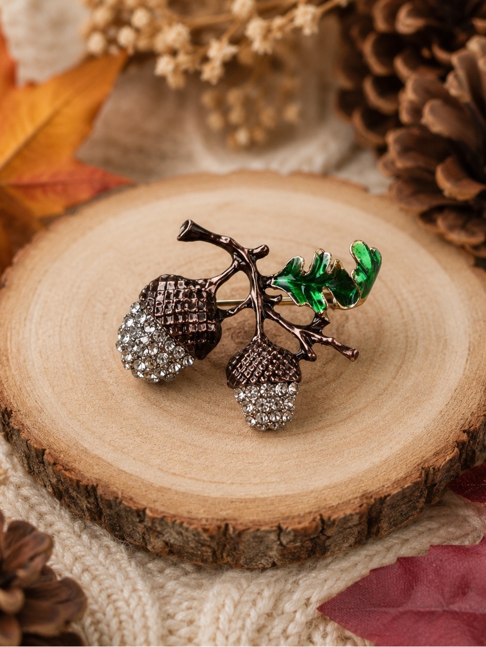 Acorn Branch Brooch Rhinestone Oak Leaf Fall Pin New